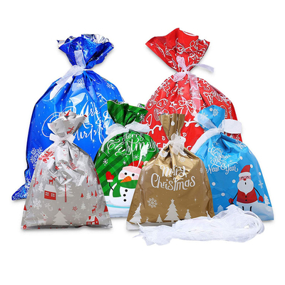Christmas Drawstring Foil Gift Bags , Holiday Ribbon Gift Bags