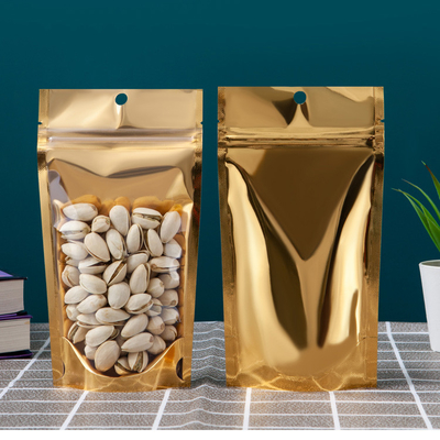 Plastic Aluminum Foil Ziplock Bag With Euro Slot Gold Metallic Mylar Stand Up